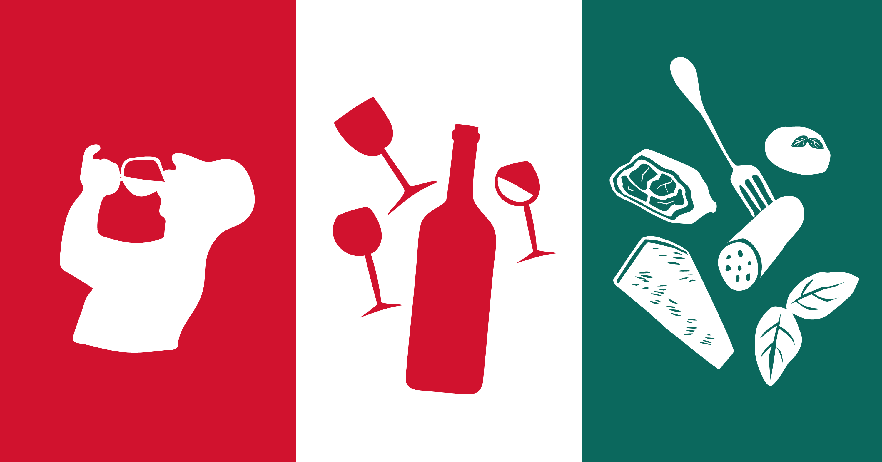 Drapeau italien rouge , neutre et vert avec un logo d'un homme qui boit , une bouteille de vin et de la charcuterie.