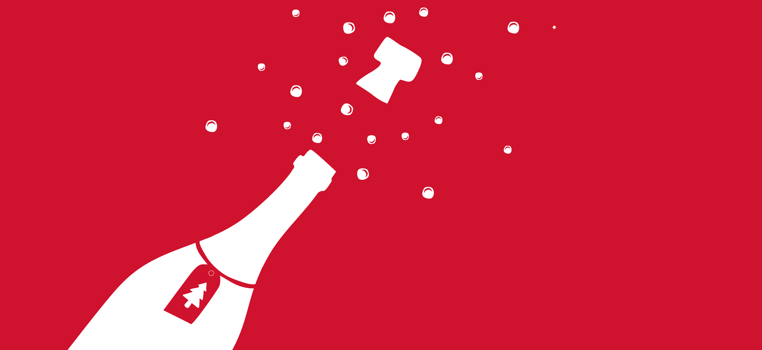 Logo blanc sur fond rouge représentant une bouteille de champagne dont le bouchon saute