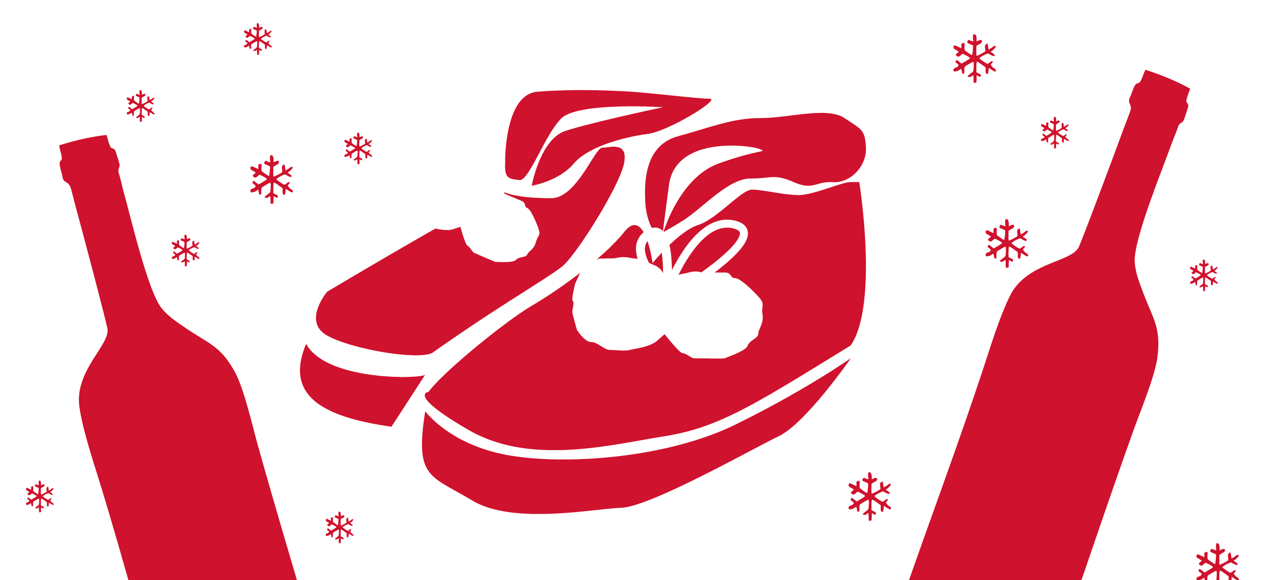 Logo en rouge sur fond blanc représentant des chaussons de Noel et des flocons de neiges