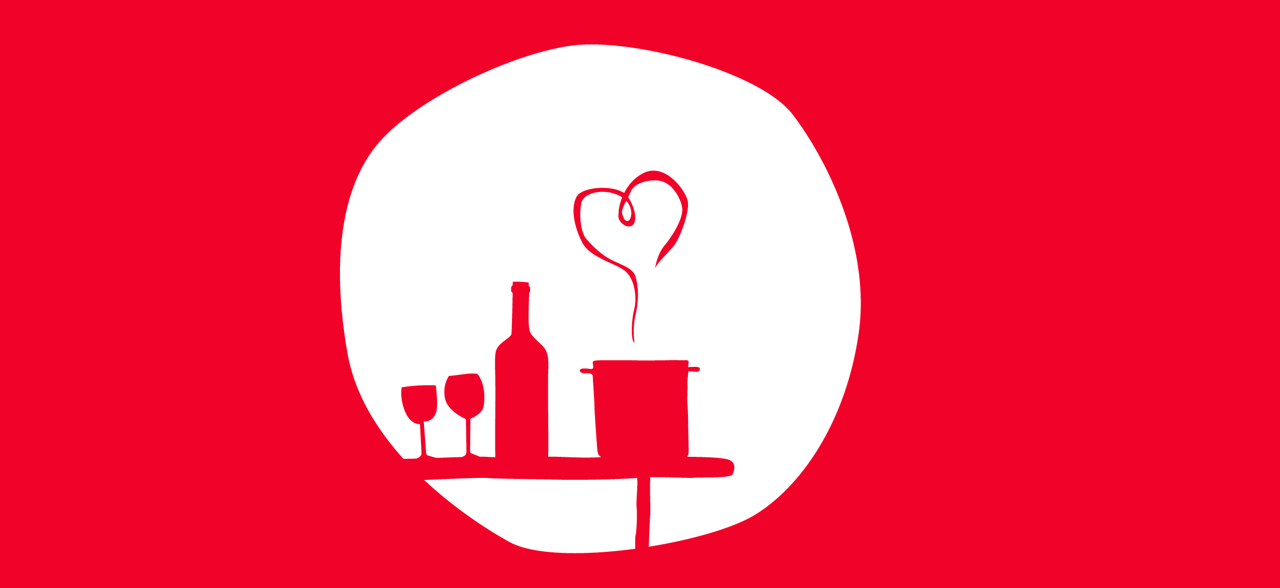 Logo rouge et blanc représentant des verres de vins, une bouteille et une casserole fumante posés sur une table
