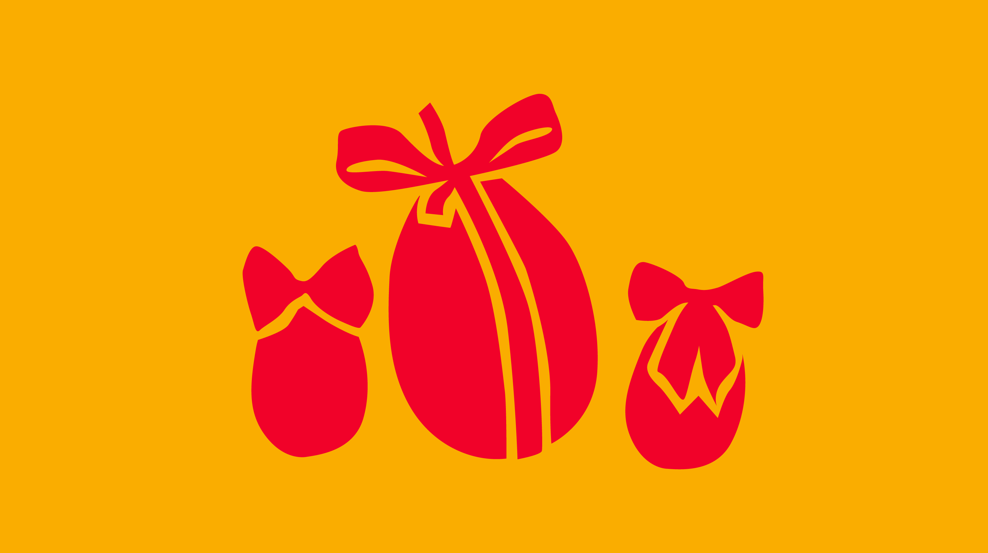 Illustration de trois œufs de Pâques rouges avec des rubans sur un fond jaune.